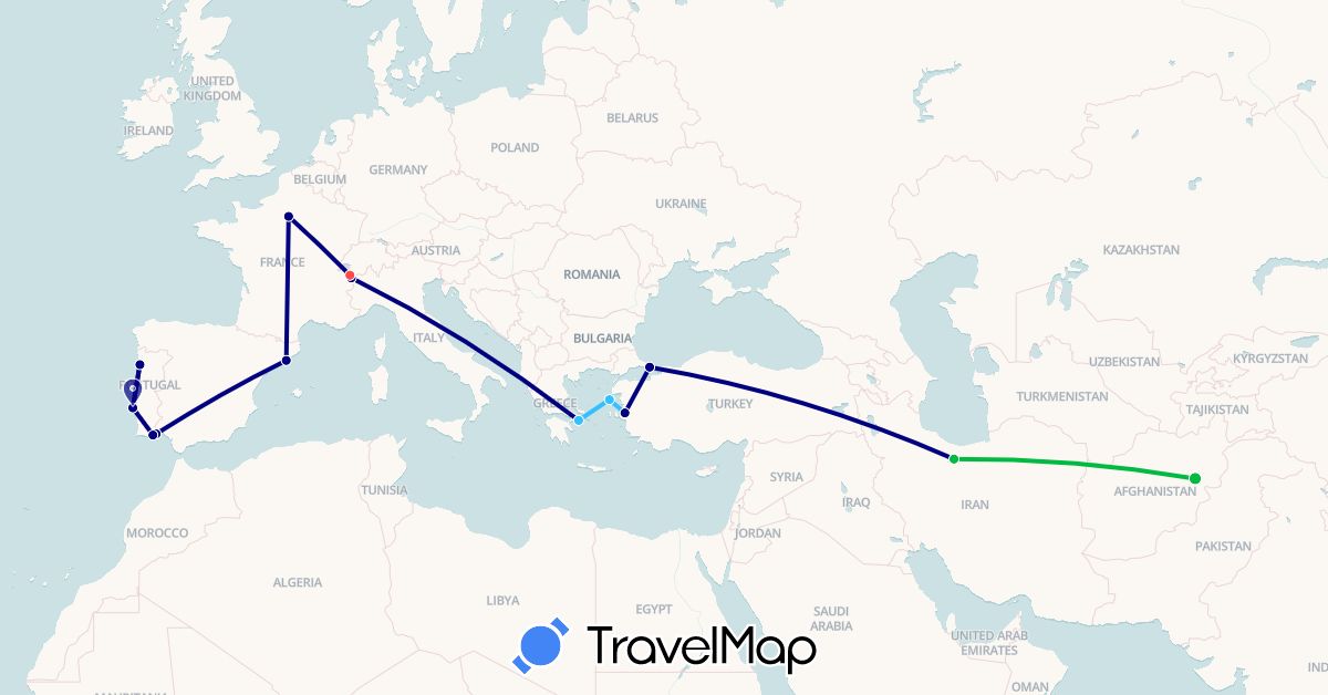 TravelMap itinerary: driving, bus, hiking, boat in Afghanistan, Spain, France, Greece, Iran, Italy, Portugal, Turkey (Asia, Europe)